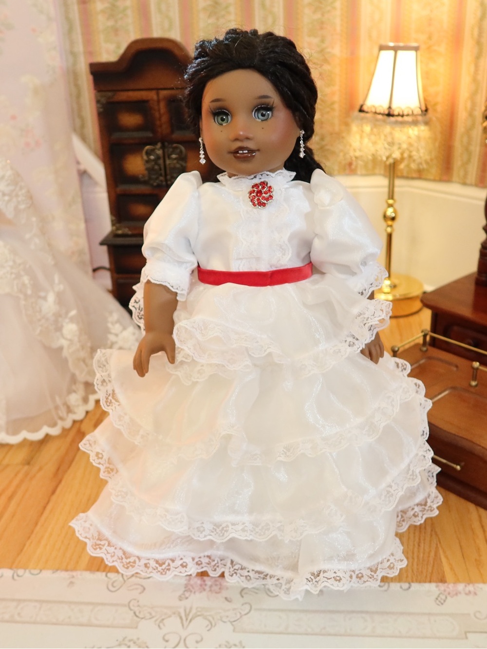 18 Inch American Girl Doll White Ruffled Party Doll Dress with Red Accent